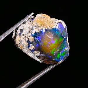 May include: A raw, unpolished opal gemstone held by metal tweezers. The stone features a dark, textured, earthy exterior with a vibrant, iridescent play-of-colour centre displaying flashes of electric blue, bright green, and warm amber tones.