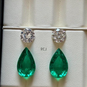 14ct Lab Grown Pear Cut Colombian Emerald With 8mm Round D Color VVS1,AAA+Lab Grown Diamond Gemstone Drop Earring For Women With Certificate