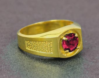 14k Gold Plated Round Red Gemstone Ring For Men, Most Luxurious Style Men's 925 Silver Anniversary Ring, 5ct Different Design Ruby Ring Men
