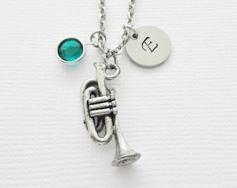 Trumpet Necklace Bugle Cornet Horn Band Orchestra Musical Music Birthstone Silver Initial Necklace Personalized Monogram Hand Stamped