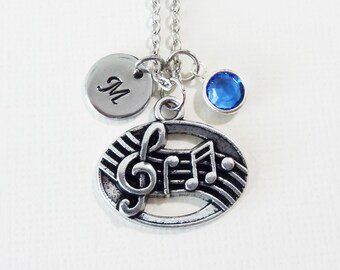 Music Necklace, Music Notes Necklace, Musical Gift, Swarovski Birthstone, Silver Initial, Personalized, Monogram, Hand Stamped Letter