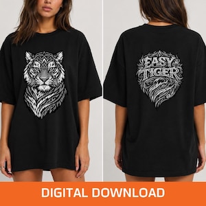 Paquete de descarga digital de gráficos PNG de tigre monocromático, estampado de camiseta de tigre fácil para la parte delantera y trasera