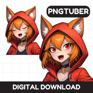 May include: A digital illustration of an anime-style character with orange hair, fox ears, and a red hooded jacket. The character wears a black choker with a gold pendant. The image includes the text PNGTUBER and DIGITAL DOWNLOAD.