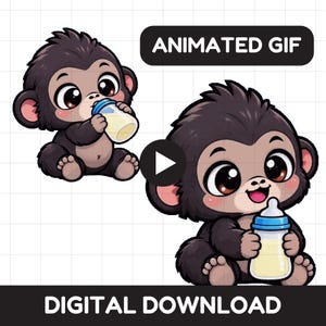 May include: An animated GIF digital download featuring a cartoon baby gorilla with dark fur and large brown eyes, sitting and holding a baby bottle with a blue cap and yellow liquid inside. The text reads ANIMATED GIF and DIGITAL DOWNLOAD.