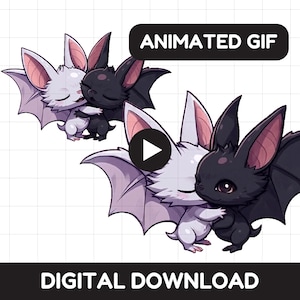 May include: An animated GIF digital download featuring two cartoon bats, one white and one black, embracing each other. The bats have large ears with pink inner details and wide wings. The text ANIMATED GIF and DIGITAL DOWNLOAD is visible.