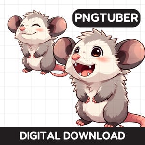 May include: Two cartoon opossums with grey and white fur, large ears, and pink noses. One opossum is smiling with eyes closed, while the other has a wide, open-mouthed grin. The text PNGTUBER and DIGITAL DOWNLOAD are visible on the image.