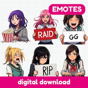 以下が含まれることがあります： 制服を着たキャラクターのアニメ風デジタルエモート6点セット。ポップコーンを食べるキャラ、RAIDと書かれた赤い看板を持つキャラ、GGと書かれた白い看板を持つキャラ、泣いているキャラ、RIPと書かれた白い看板を持つキャラ、タイピングするキャラが描かれています。