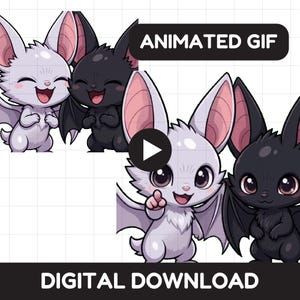 May include: An animated GIF digital download featuring two cartoon bats, one white and one black, with large ears and expressive eyes. The white bat is shown laughing and pointing, while the black bat smiles. The text reads ANIMATED GIF and DIGITAL DOWNLOAD.