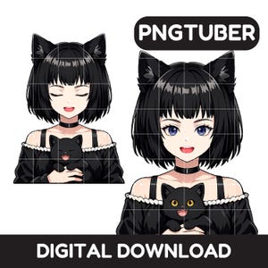 May include: A digital PNGTUBER character illustration featuring a person with short black hair, cat ears, and a black choker, wearing a black off-the-shoulder top. The character holds a small black kitten. The text PNGTUBER and DIGITAL DOWNLOAD appear.