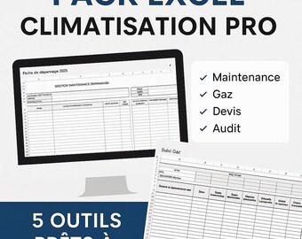 May include: A digital display shows a spreadsheet with the text "PACK EXCEL CLIMATISATION PRO." The image includes a list with checkmarks for "Maintenance," "Gaz," "Devis," and "Audit." Below the display, the text reads "5 OUTILS PRÊTS À L'EMPLOI."