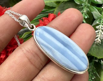Blue Opal 925 Sterling Silver Pendant Necklace, Handmade Gemstone Jewelry