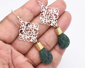 Green Aventurine Sterling Silver Earrings: Two-Tone Handmade Gemstone