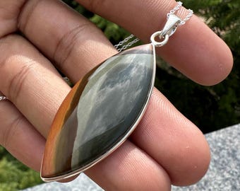 Handmade Polychrome Jasper Marquise Pendant, 925 Sterling Silver