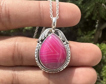Pink Botswana Agate Pendant, Handmade Sterling Silver Teardrop Necklace
