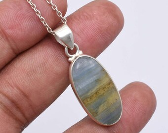 Handmade Blue Aragonite Gemstone Pendant, Sterling Silver Jewelry
