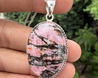 Rhodoniethanger, handgemaakte zilveren ketting, natuurlijke rhodoniet edelsteenhanger, 925 sterlingzilveren hanger, hanger ketting, cadeau voor haar