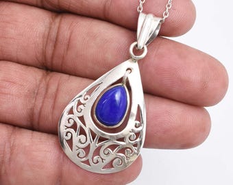 Handmade Lapis Lazuli Pendant, Filigree Sterling Silver Jewelry