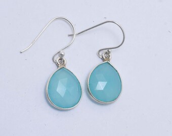 Orecchini Pendenti Lunghi Artigianali In Argento 925 Con Calcedonio Azzurro - Gioiello Unico