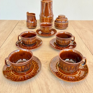 Vintage 1970s French Brown Drip Glaze Ceramic Coffee and Tea Set, Retro Stoneware Cups and Saucers, Mid Century Kitchen Tableware