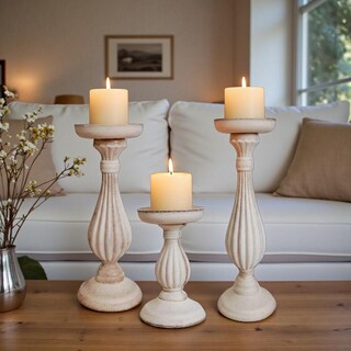 Set 3 Portacandele In Legno A Colonna – Altezze 15, 20 E 25 Cm – Stile Fattoria Per Centrotavola