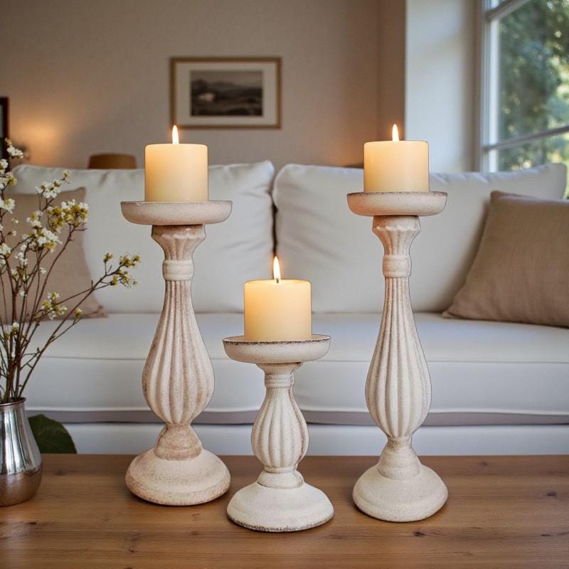 Set 3 Portacandele In Legno A Colonna – Altezze 15, 20 E 25 Cm – Stile Fattoria Per Centrotavola