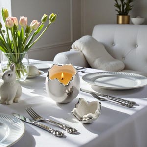 Pode incluir: Uma mesa de Páscoa branca com uma vela em forma de ovo acesa, um coelho de cerâmica branco e um vaso de tulipas cor-de-rosa. Talheres e pratos são dispostos sobre uma toalha de mesa branca, criando um ambiente festivo.
