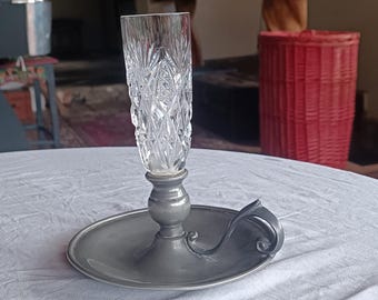 Vintage Saint Louis Kristall Kerzenständer - versilberter Zinnfuß, Französisch 1960er Jahre