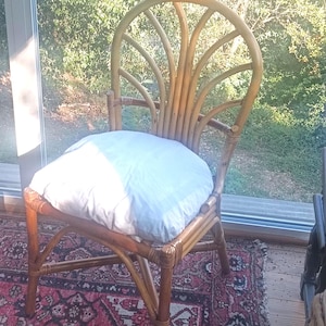 May include: A light brown rattan chair with a fan-shaped backrest and a white cushion. The chair has a natural wood finish and is placed on a patterned rug. The chair is near a window with a view of trees.