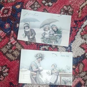 Lot de 2 Cartes postales françaises anciennes, envoyée début 1900 (1908), de France, thèmeJoyeux Noël .