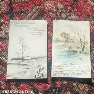 Lot de 2 Cartes postales française et anglaise anciennes, envoyée en 1901 et 1907, de France, thème Joyeux Noel et nouvelle année.
