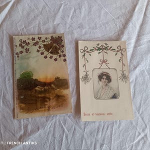 Lot de 2 Cartes postales françaises anciennes, envoyée en 1907, de France, thème Fête de fin d&#39;année meilleurs vœux.
