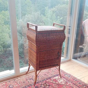 May include: A vintage wicker cabinet with a cushioned top and a small door. The cabinet is a warm brown color and stands on four slender legs. The cabinet is placed on a red patterned rug, with a window and trees in the background.