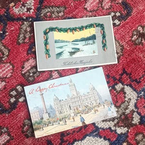 Lot de 2 Cartes postales anglaise et allemande anciennes, envoyée début 1900, thème fêtes de fin d&#39;année. Timbres allemand et anglais