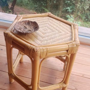 May include: A small, octagonal bamboo side table with a woven top and curved legs. A decorative, brown, textured bowl sits on the table's surface. The table is made of light brown bamboo and is placed near a window.