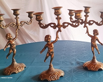 Bougeoir vintage Art Déco Angelot : candélabre à 3 branches en métal doré