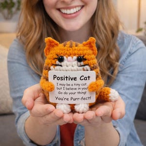 Pode incluir: Um gato de crochê laranja e marrom com barriga branca e olhos pretos segura uma placa que diz "Positive Cat". A placa inclui as frases "I may be a tiny cat, but I believe in you! Go do your thing! You're Purr-fect!"