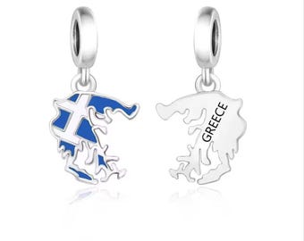 Love Greece Map Flag Charm, Genuine sterling silver Charm for Bracelets, Travel Charm, Grandma Gift, Fit for Pandora Bracelet