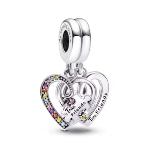 Könnte beinhalten: Ein silberner Charm-Anhänger mit zwei Herzen und einem Puzzleteil-Design. Ein Herz ist mit bunten Edelsteinen besetzt. Der Anhänger trägt die Aufschriften "True Friends" und "my missing piece".