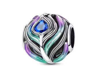 Dije de pluma de pavo real en plata de ley 925. Compatible con pulseras Pandora. Cuenta espaciadora redonda vibrante.