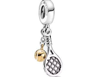 Charm de tenis en plata de ley 925 para pulsera o collar Pandora, hecho a mano, colgante de raqueta de tenis en oro.
