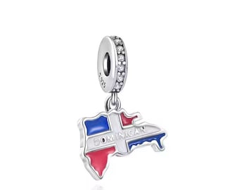 Dominican Republic Flag Map Charm For Bracelet, Sterling Silver Charm, Country, Fit Pandora Bracelets