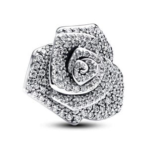 Glittrande ros i blom, stora berlocker, 925 sterlingsilver, present till henne, passar armband och halsband, present till dotter, present till mormor