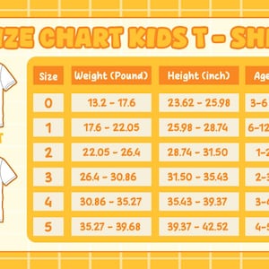 May include: A yellow and white size chart for kids t-shirts. The chart includes columns for size, weight in pounds, height in inches, and age range. It features line drawings of the front and back of a t-shirt with measurement lines indicated.