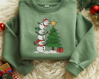 Sudadera bordada con muñeco de nieve y árbol de Navidad, bonita camiseta navideña para niños pequeños, sudadera navideña para niños, camiseta de invierno para niños pequeños, regalo para niños