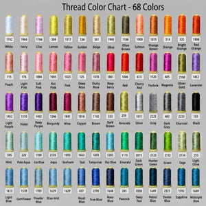 May include: A thread colour chart displaying 68 individual spools of thread arranged in rows. Each spool is labelled with a unique numerical code and a corresponding colour name, ranging from white and pastels to vibrant primary colours and dark shades.