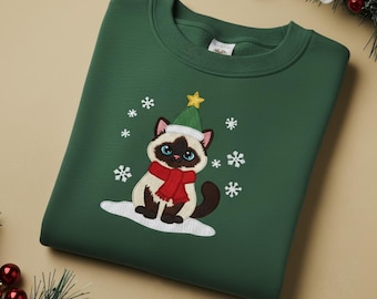Cat Embroidered Sweatshirt, Christmas Cat Crewneck, Cute Winter Holiday Sweater, Funny Gift for Cat Mom, Xmas Tree Hat