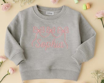 Personalized Bow Sweatshirt for Girls, Custom Embroidered Name Sweater, Toddler Coquette Outfit, Baby Shower Gift, Gift for Siblings