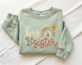 Big Sister Embroidered Sweatshirt, Rainbow Sibling Announcement Gift, Baby Reveal Crewneck, New Sister Baby Shower Gift