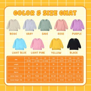 May include: A colour and size chart for long-sleeve crewneck sweatshirts in beige, grey, sage, rose, purple, light blue, light pink, yellow, and black. The chart includes a table with size, length, bust, sleeve, height, and weight measurements.