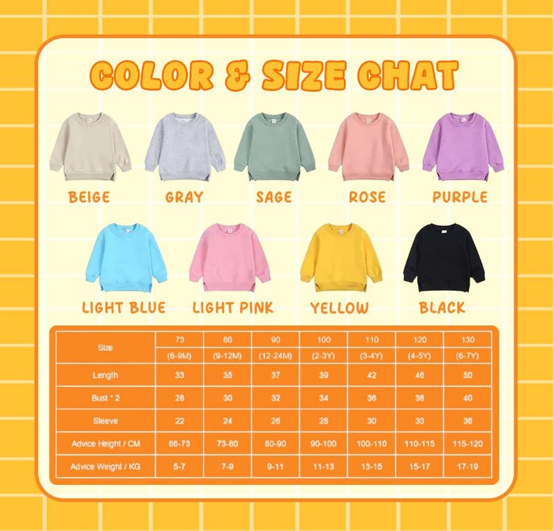 May include: A colour and size chart for long-sleeve crewneck sweatshirts in beige, grey, sage, rose, purple, light blue, light pink, yellow, and black. The chart includes a table with size, length, bust, sleeve, height, and weight measurements.